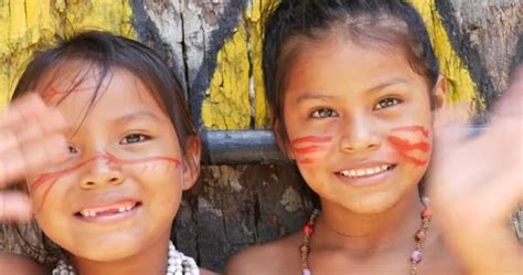 Cute Native Brazilian Girls Smiling At An Indigenous Tribe In The