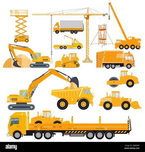 Set Of Construction Machinery With Excavators And Heavy Trucks Stock