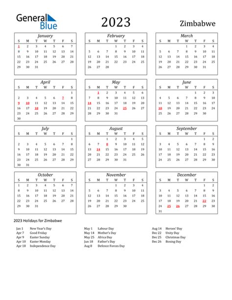 2023 Zimbabwe Calendar With Holidays