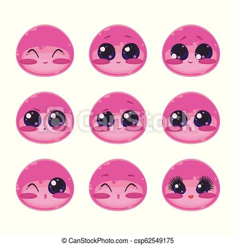 Pink Cute Kawaii Japanese Emoji Glossy Vector Drops With Glitter And
