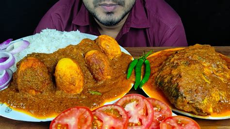 Eating Whole Fish Curry And Egg Curry With Rice Chili Onion Food