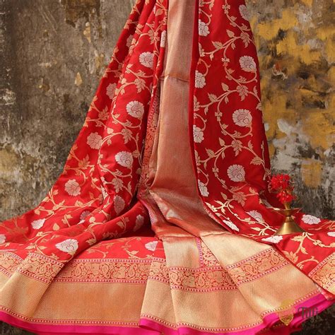 Red Pure Katan Silk Banarasi Handloom Saree Tilfi