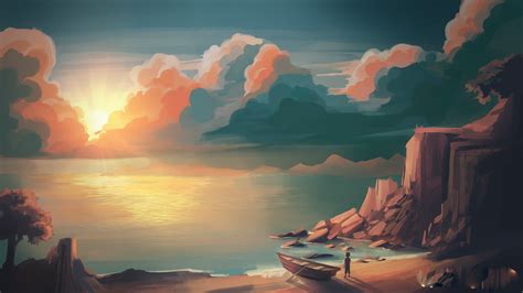 Illustration Sunset Mountains Sun Artwork 2400x1350 Wallpaper