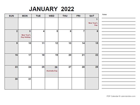 2022 Calendar With Australia Holidays Pdf Free Printable Templates