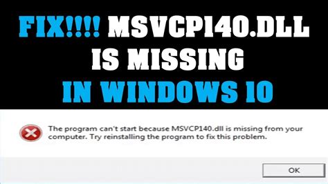 Fix Msvcp140dll Is Missing In My Win 10 Youtube