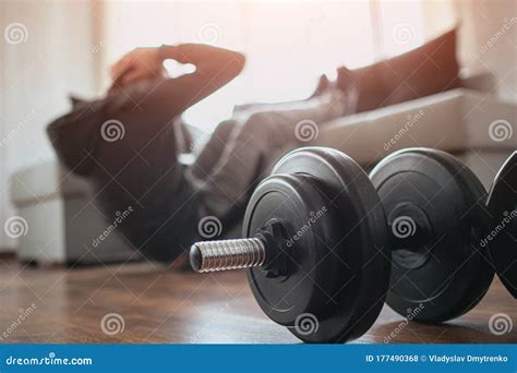 Young Ordinary Man Go In For Sport At Home Cut View Of A Beginner Or Freshman In Workout