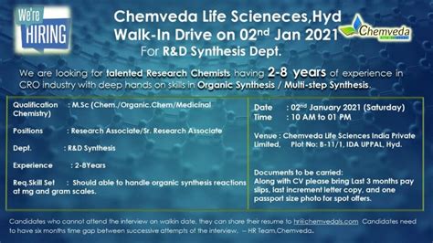 Chemveda Lifesciences Walk In Interview For Randd Synthesis On 2nd Jan 2021