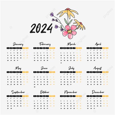 2024 قالب تصميم التقويم الأزهار المتجه التقويم الزهري 2024 تقويم عام