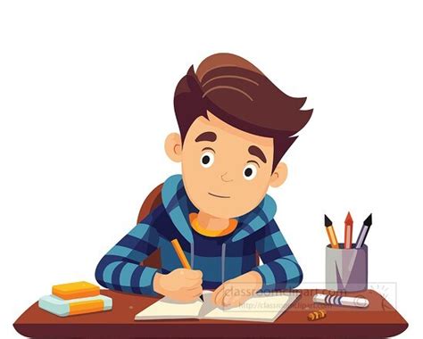 School Clipart Young Student Working At His Desk Finishing Homework