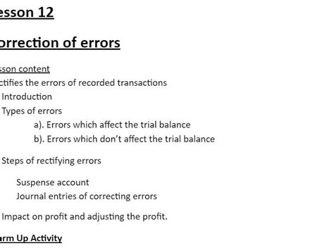 Igcse Accounting Lesson Notes For Correction Of Errors Forteachers