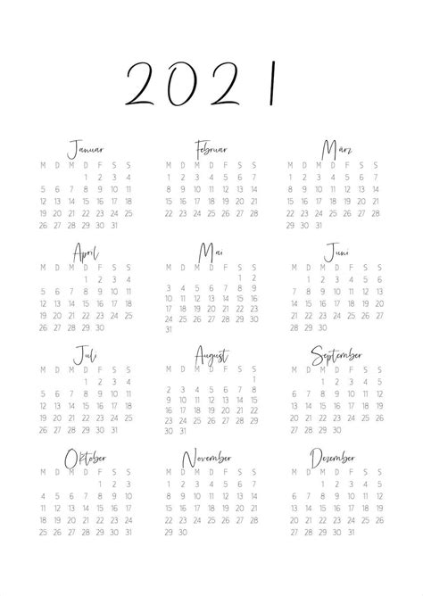 Wandkalender 2021 Jahresübersicht Zum Drucken Calendar 2021 Etsy España