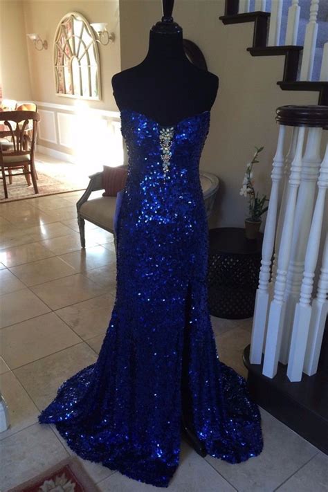 Mermaid Strapless Backless Long Royal Blue Sequin Beaded Prom Dress With Slit