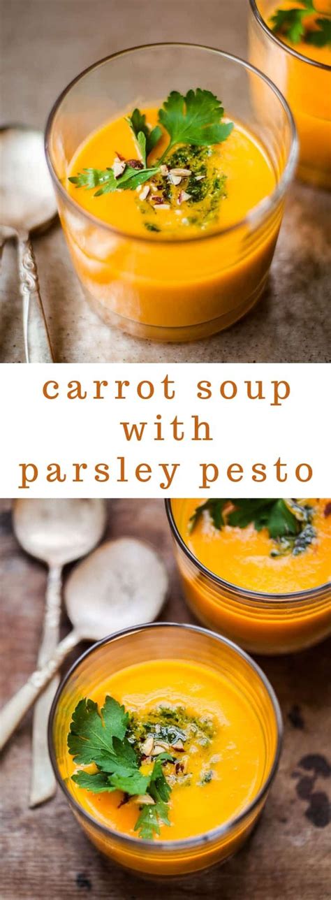 It starts with a base of roasted, puréed potatoes and carrots, which makes the soup super decadent. Carrot Soup with Parsley Almond Pesto | Recipe | Healthy ...