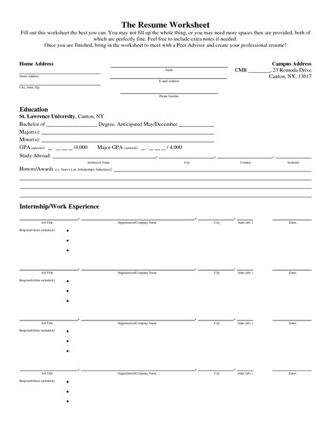 Fill In Blank Printable Resume Worksheet