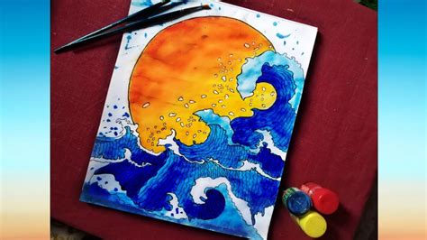 How To Draw Ocean Waves Using Water Colours 🌊 Sunset Drawing