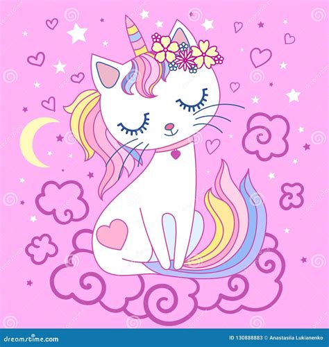 Cute Cartoon Rainbow Cat Unicorn On A Pink Background Vector Stock