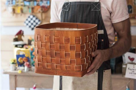 Hand Painted And Hand Knitted Leather Basket Handmade Genuine Brown