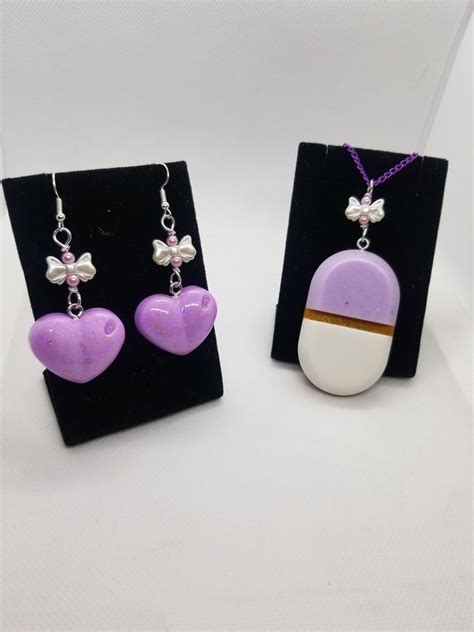 Menhera Kei Jewelry Set Pastel Goth Necklace And Earrings Purple Heart