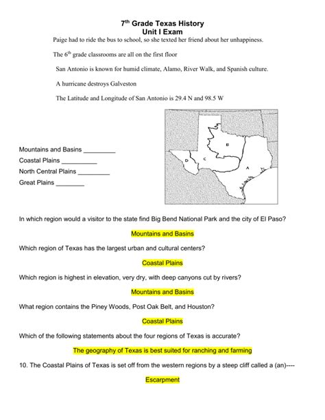 7 Th Grade Texas History Unit I Exam
