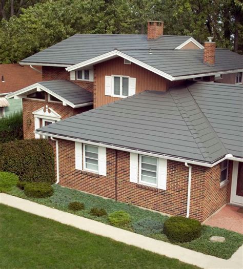 Gray Metal Roof On A Brick Home Oxford Aluminum Shingle In Deep