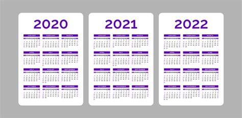 Calendar Grid For 2020 2021 And 2022 Years Stock Vector Illustration