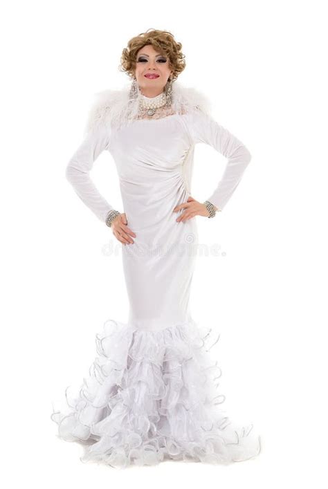 Portrait Drag Queen In White Dress Performing Stock Image Image Of
