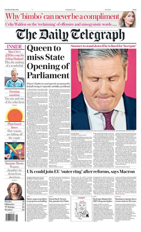 Daily Telegraph Front Page 10th Of May 2022 Tomorrow S Papers Today