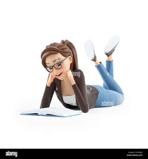 3d Cartoon Woman Reading Book Lying Down On Floor Illustration