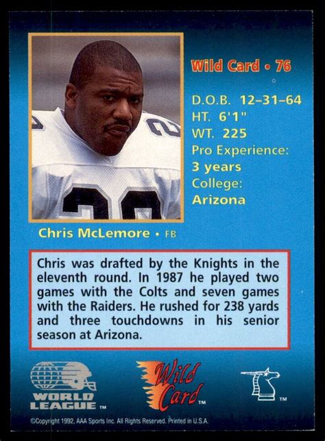 1992 Wild Card Wlaf Chris Mclemore Ny Nj Knights 76 Ebay
