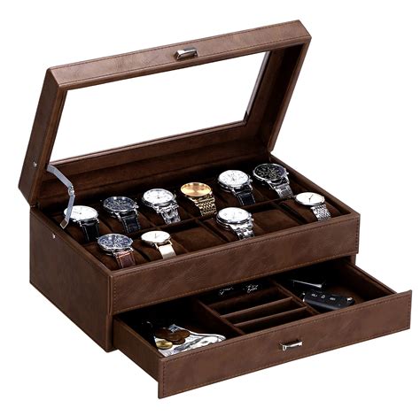 bewishome watch box for men luxury watch organizer faux leather watch case with jewelry drawer