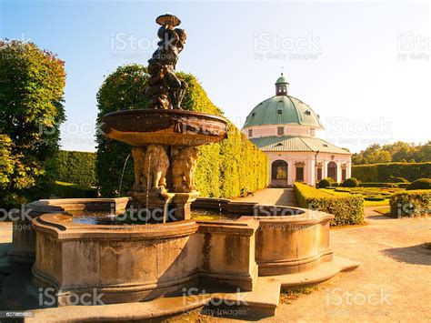 Flower Garden With Water Fountain And Baroque Rotunda In Kromeriz Stock