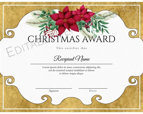 Printable Christmas Award Certificate Editable Holiday Etsy