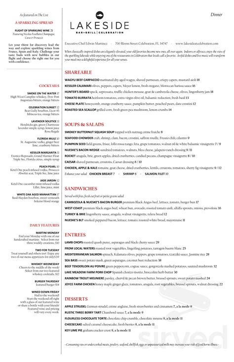 Lakeside Bar + Grill menu in Celebration, Florida, USA