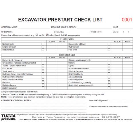 Excavator Prestart Checklist Log Books Tuffa™ Products
