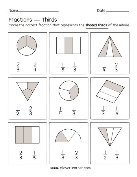 Fun Activity On Fractions Thirds Worksheets For Children