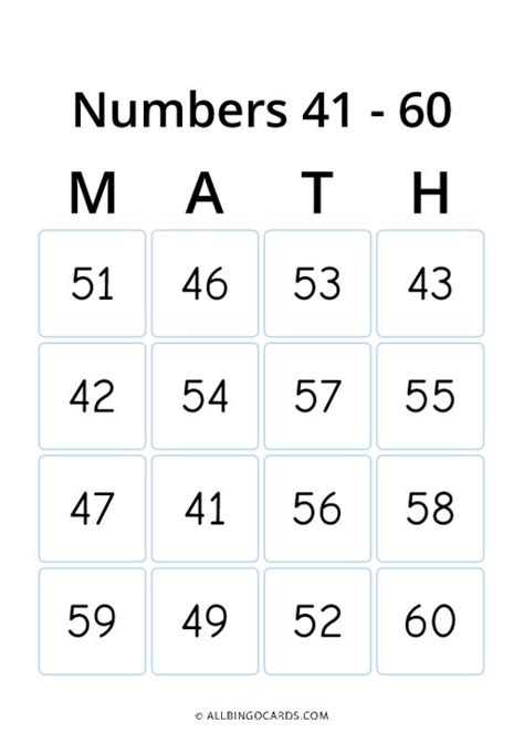 Printable Numbers 41 60 Bingo