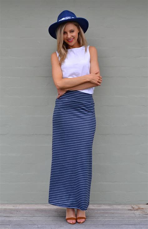 Maxi skirts for women have been around for ages and continue to captivate. Maxi Skirt | Women's Indigo Blue and Grey Striped Merino ...