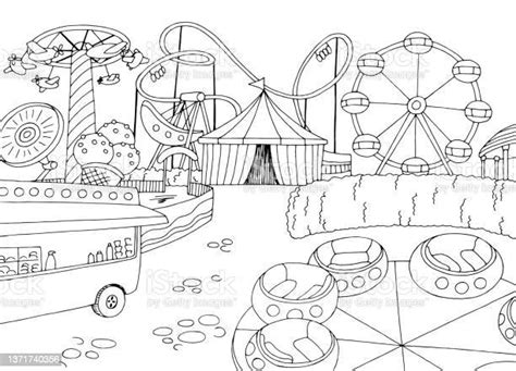 Amusement Park Landscape Graphic Black White Sketch Illustration Vector