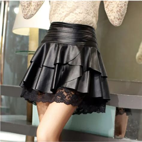 Buy Women Sexy Pleated Skirt High Waist Black Pu Leather Skirts Vintage Short