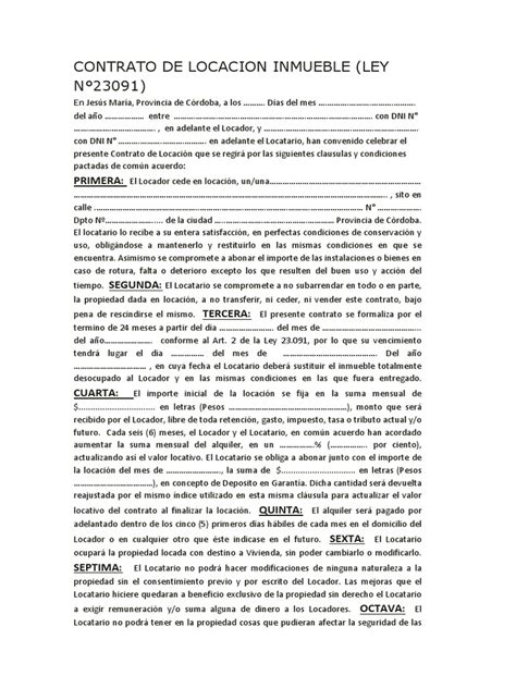 Contrato De Locacion Inmueble Ley N°23091 Primera Propiedad