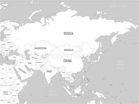 Asia White Lands And Grey Water High Detailed Political Map Of Asian