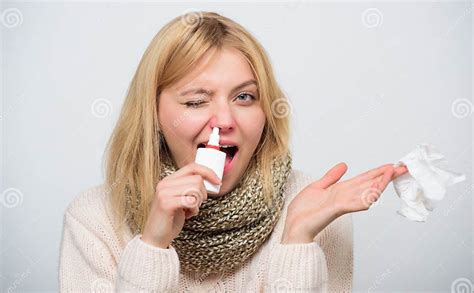 Blocking A Nostril Cute Woman Nursing Nasal Cold Or Allergy Unhealthy Girl With Runny Nose