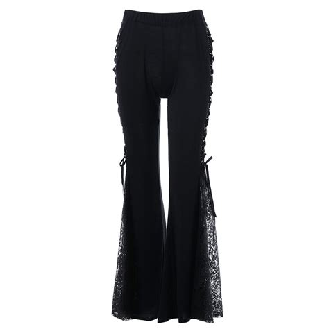 Women Gothic Lace Flare Pants Lace Up Patchwork Slim Trousers Fashion