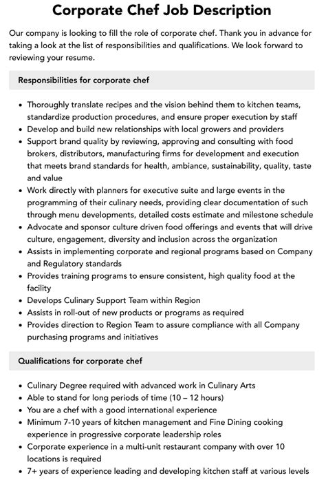 Corporate Chef Job Description Velvet Jobs