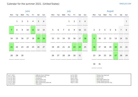 Summer 2021 Calendar With Holidays For United States Print And