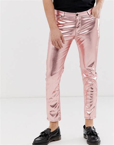 Asos Design Skinny Jeans In Metallic Pink Leather Look Asos