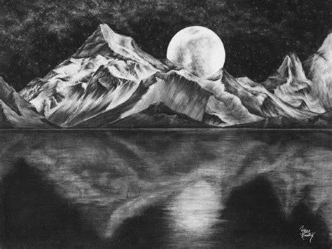 Moonlight Hand Drawn Charcoal Design Of Mountains At Night By