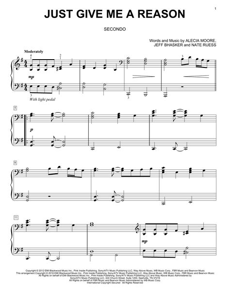 Just Give Me A Reason Sheet Music Pink Featuring Nate Ruess Piano Duet