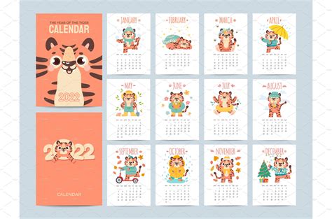 Calendar 2022 With Cute Tigers Vector Graphics Creative Market