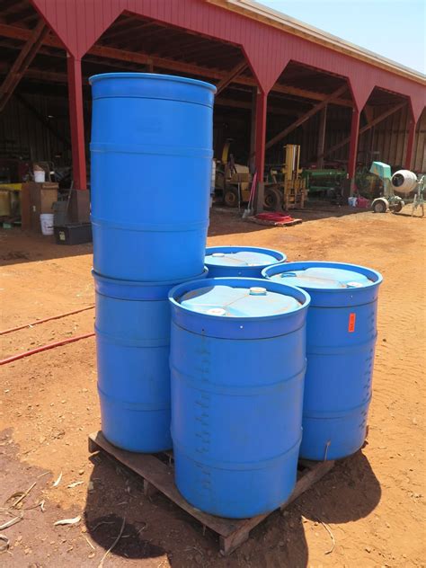 Qty 5 Contico Container Blue Plastic 55 Gallon Drums Empty
